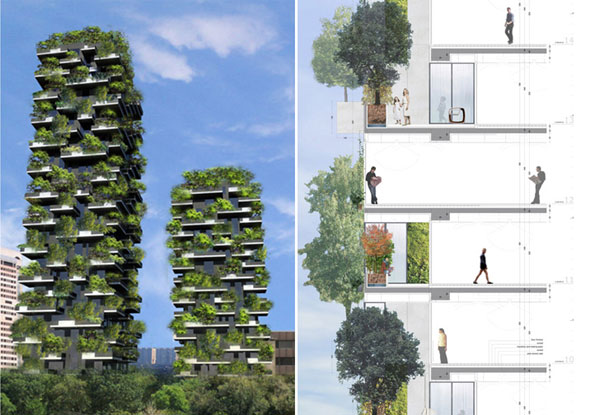 Det 27 våningar höga bostadshuset Bosco Verticale med grönskande balkonger uppförs i Milano, Italien.