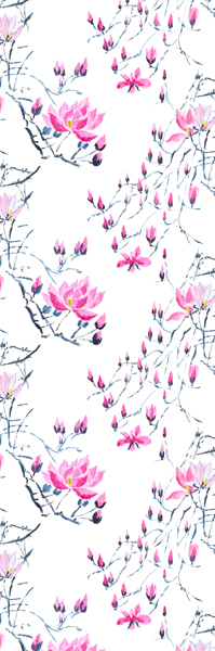 Mönstret Madame Butterfly med magnoliablommor finns både på tyg och tapet.